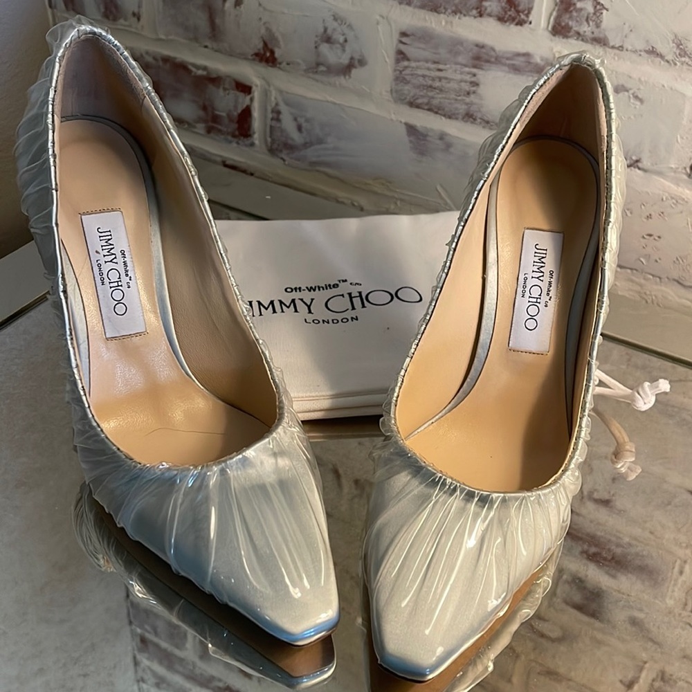 Jimmy Choo Off White Anne Heels- light blue/transparent